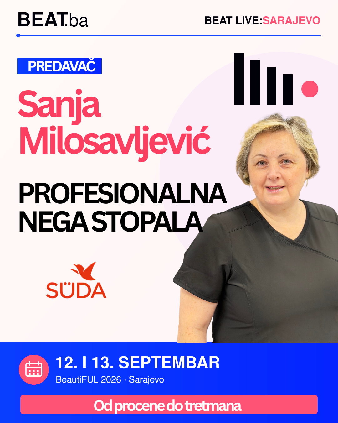 Najava gost edukatorice Sanje Milosavljević — profesionalna nega stopala, praktična demonstracija rada sa SUDA aparatima na BEAT. Live: Sarajevo, 12. i 13. septembar